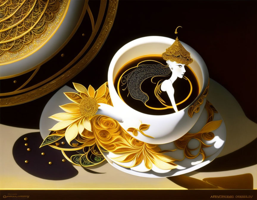 Golden floral patterned cup and saucer with woman illustration on dark backdrop