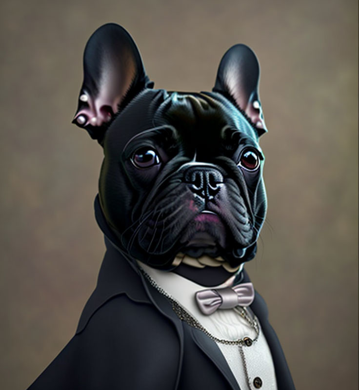 Black French Bulldog in formal tuxedo and bow tie with human-like pose