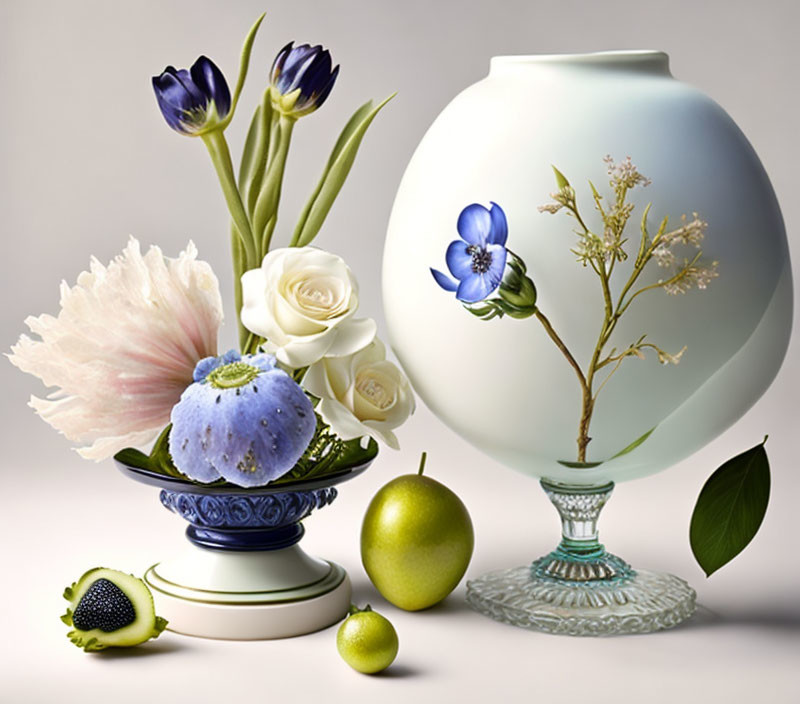 Blue floral-patterned vase with white roses, anemones, green apple, and sliced fruit on