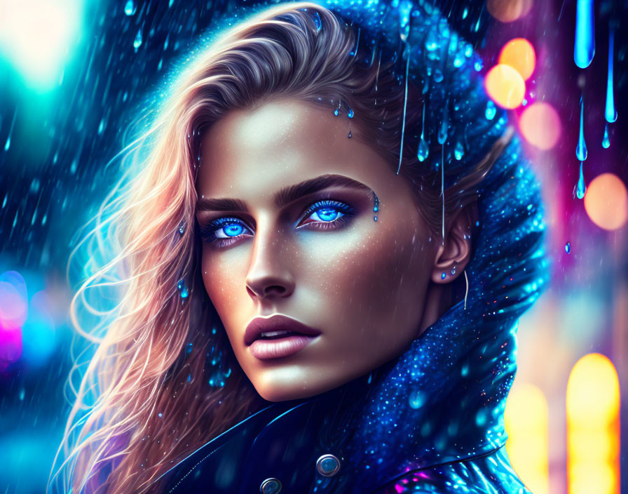 Digital illustration: Woman with captivating blue eyes and frosty blue hair, colorful bokeh light background,