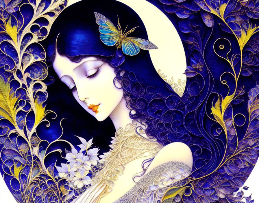 Detailed illustration of woman with blue hair, gold and blue patterns, butterfly, and crescent moon.