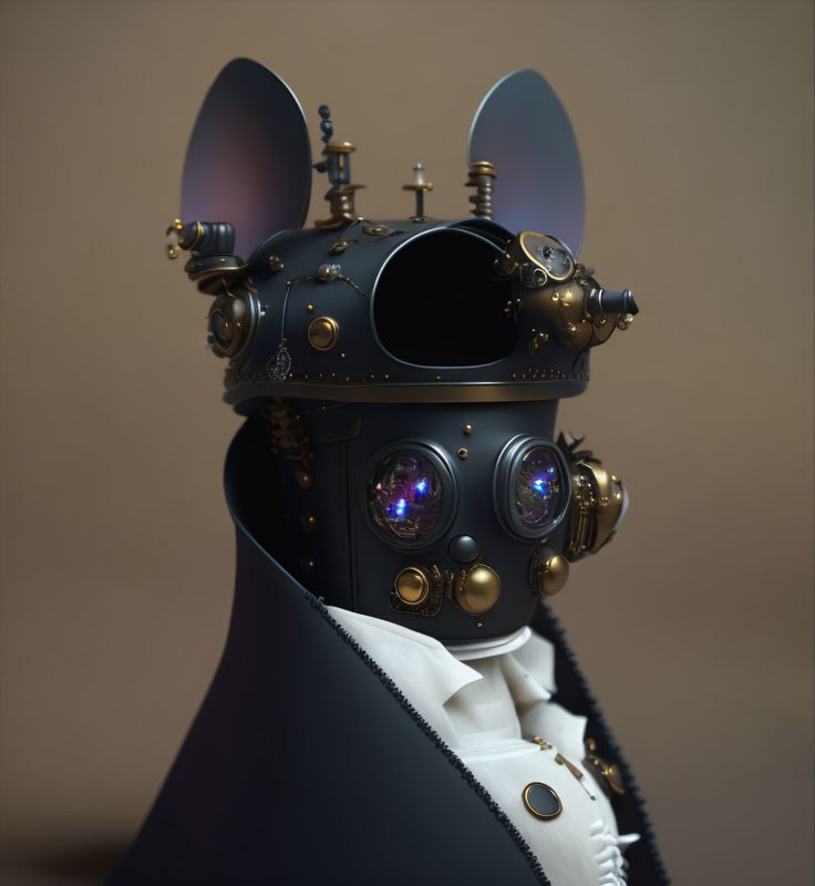 Steampunk-style helmet with violet lenses, gold details, and mouse ears on tan background