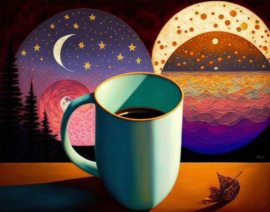 Colorful painting of blue mug, planets, and moon in starry sky