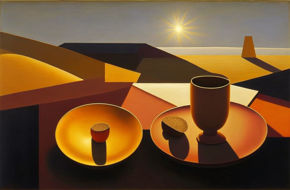 Geometric shapes in desert landscape still life with cup and bread.