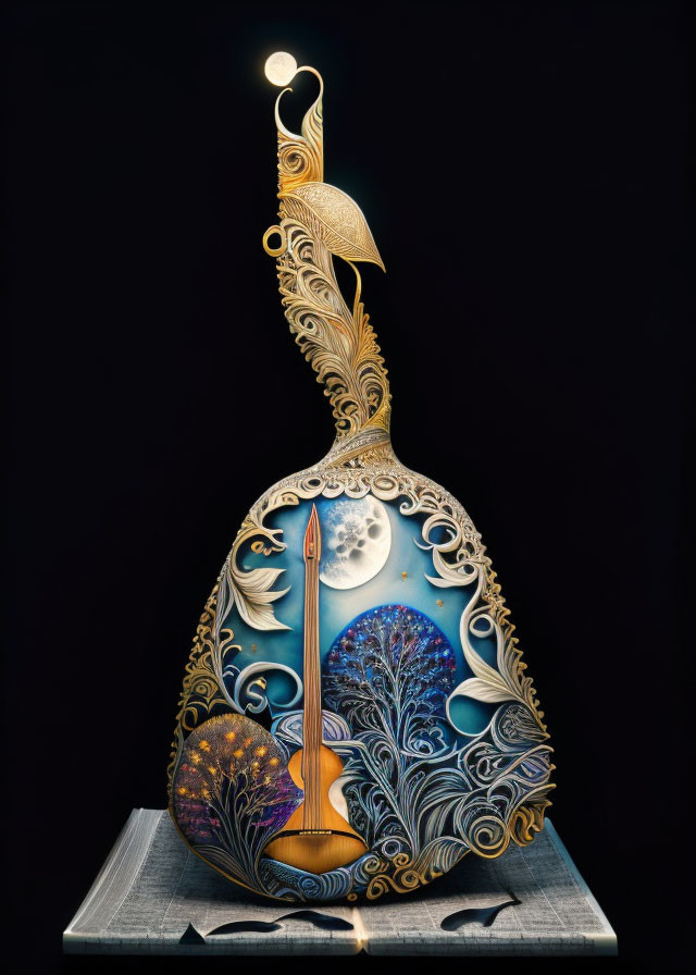 Intricate paper art sculpture: Open book with peacock, moonlit night, trees, river