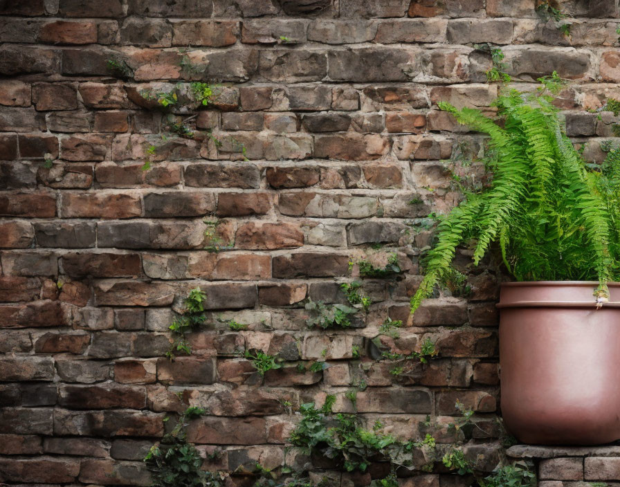 Verdant fern in terracotta pot by aged brick wall with creeping ivy