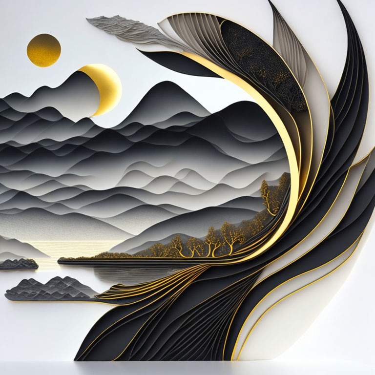 Three-dimensional paper art: Layered hills in gold and black with trees, clouds, water, cres