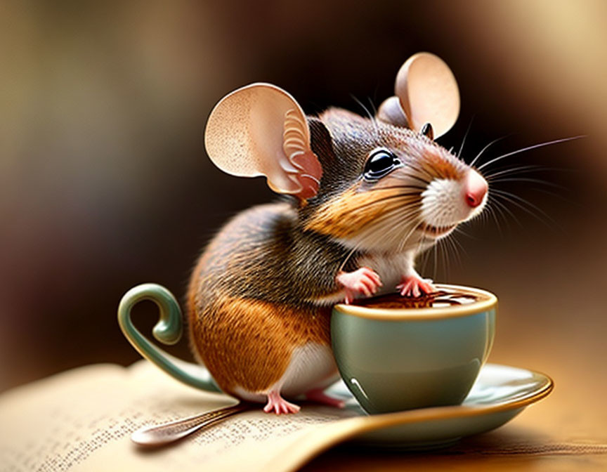 Whimsical digital artwork of mouse on cup handle with spoon