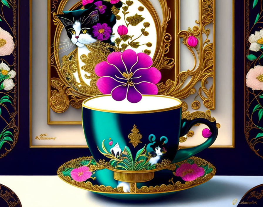 Purple Flower Cup with Saucer, Mirror Reflection of Cat, Gilded Frames & Floral Details