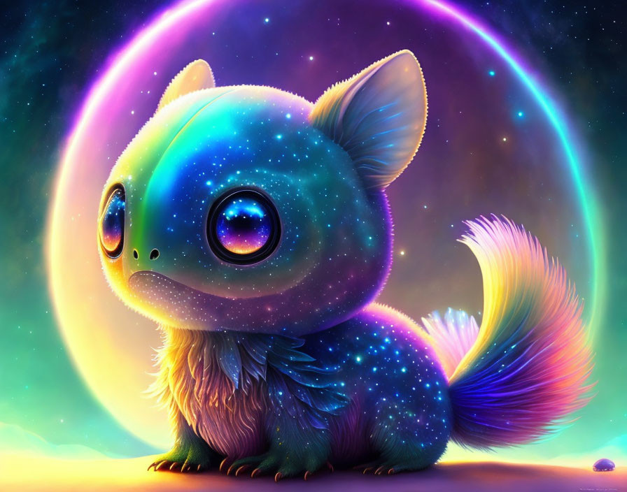 Whimsical creature with galaxy fur and rainbow halo