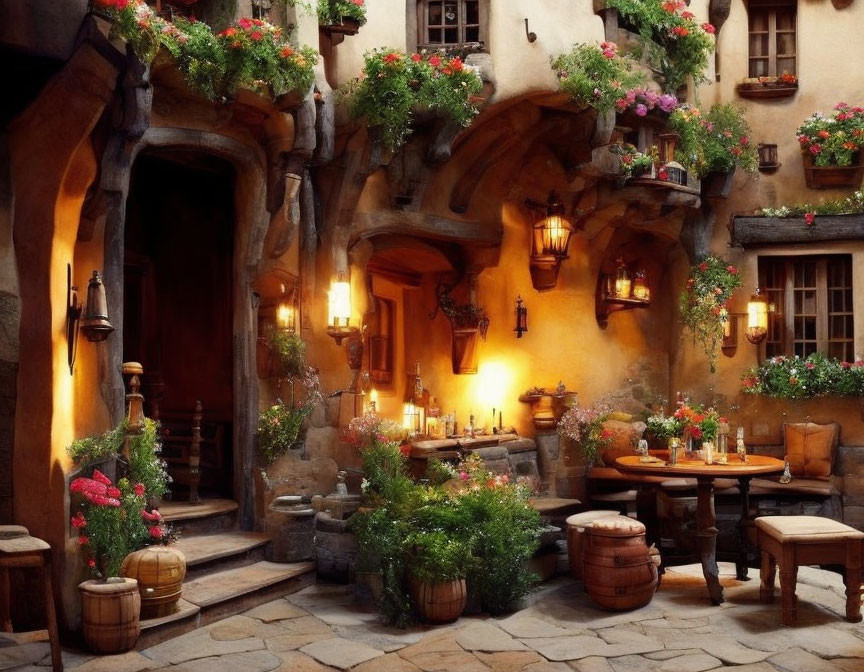 Warmly Lit Rustic Courtyard with Flowering Plants & Wooden Furniture