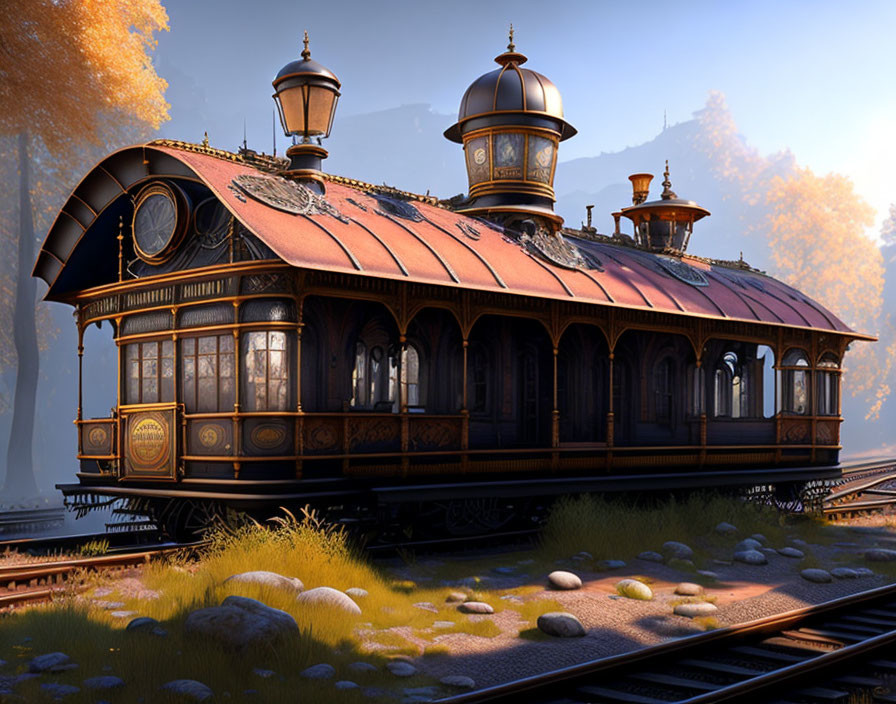 Vintage train carriage in autumn setting with warm lighting