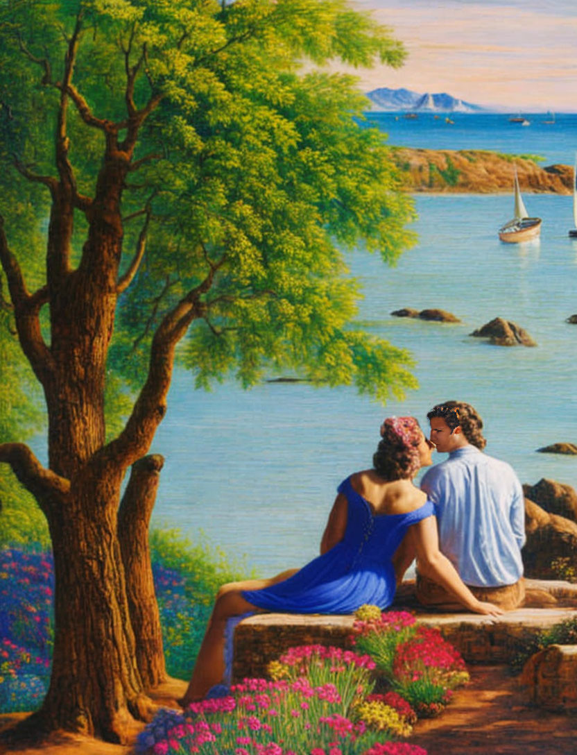 Intimate couple on rock by serene sea with boat and mountains, colorful flowers and verdant tree.