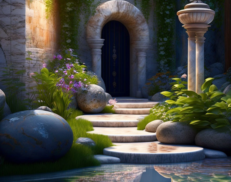 Tranquil garden pathway with round stepping stones and arched wooden door