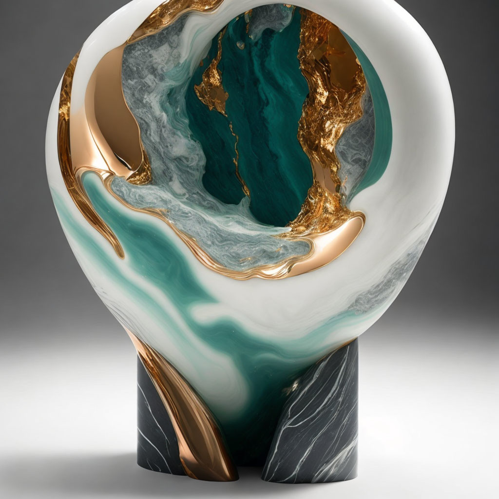 Abstract Swirling Green, White, and Blue Sculpture with Gold Accents on Black Base