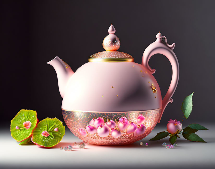 Pink Teapot with Delicate Pattern and Gold Accents and Floral Design