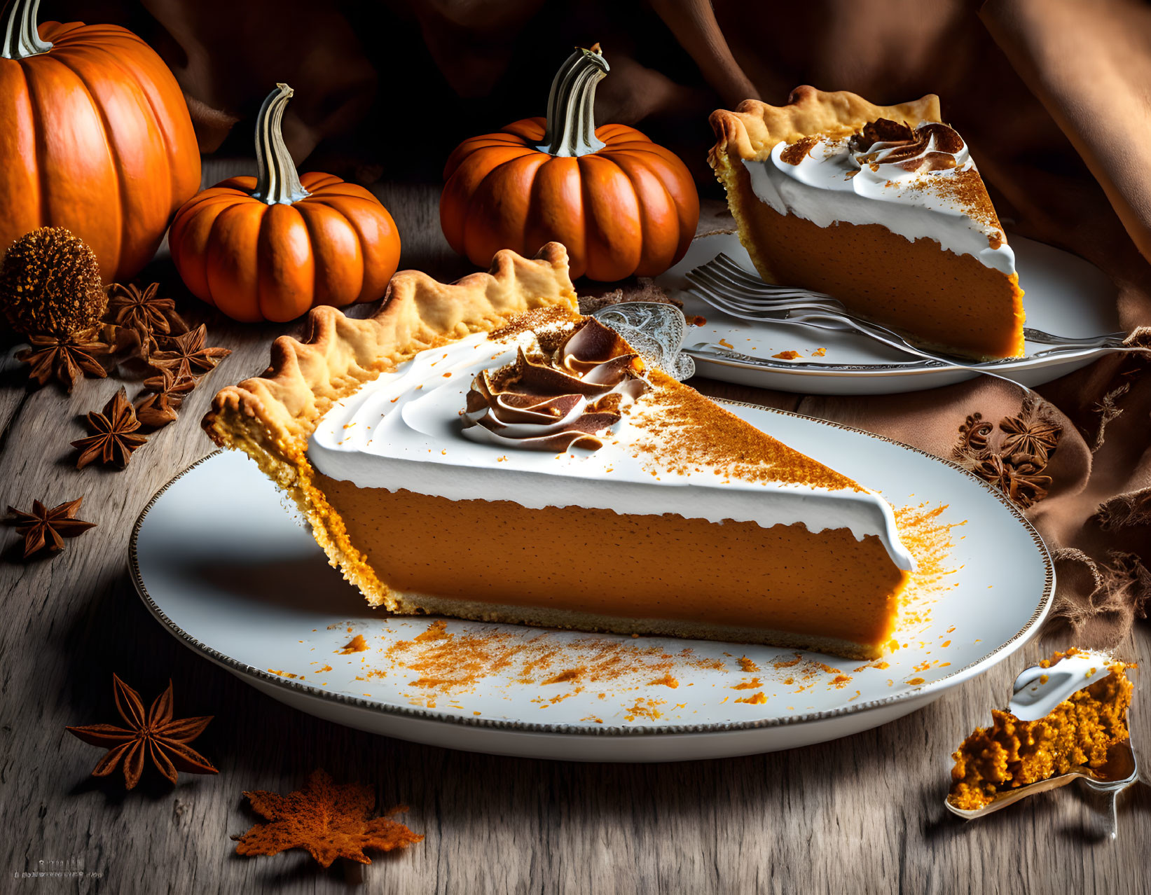 Pumpkin pie with whipped cream, chocolate, fall decor