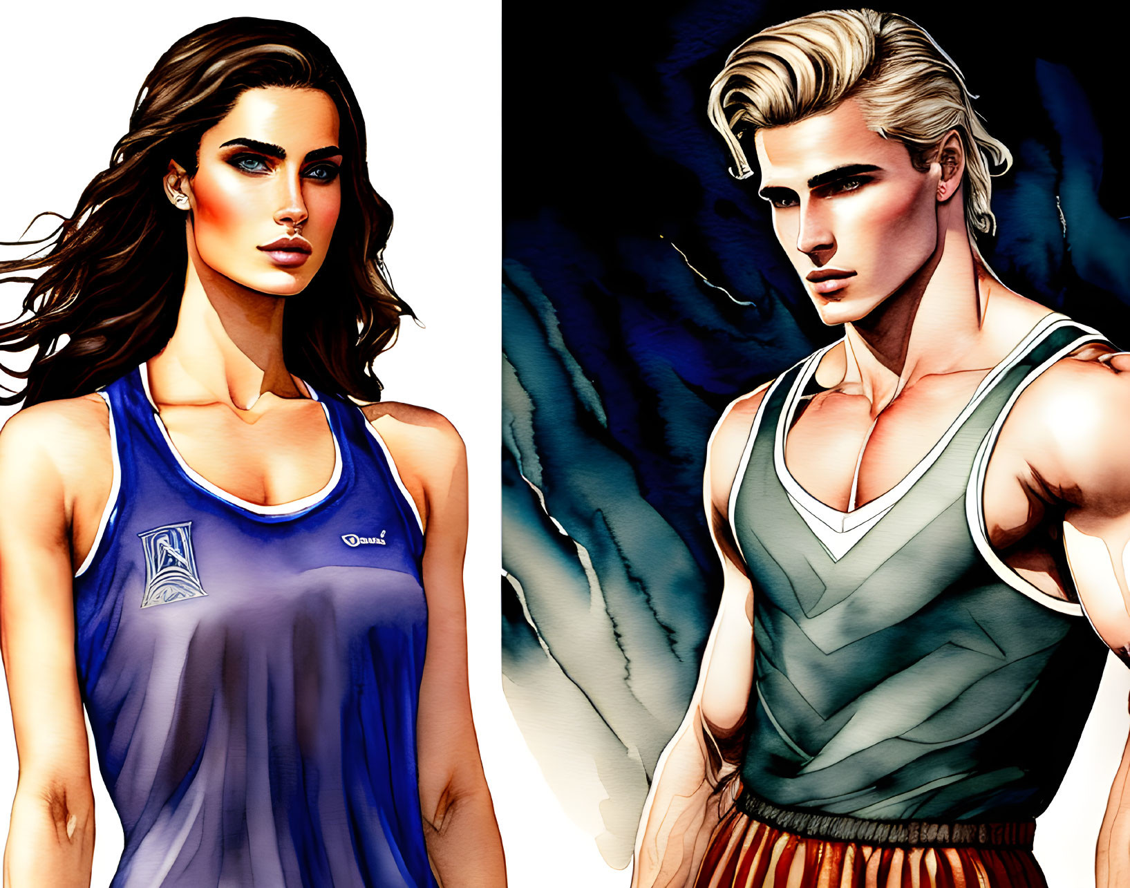 Animated characters: woman in blue tank top and man in green vest against dramatic shaded backdrop
