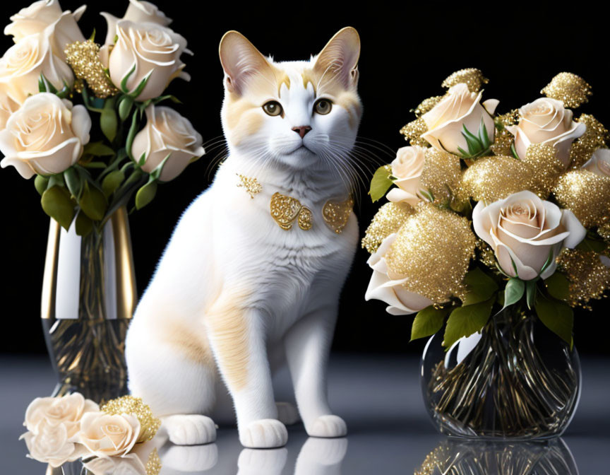 White and Gold Cat with Cream Roses and Golden Accents