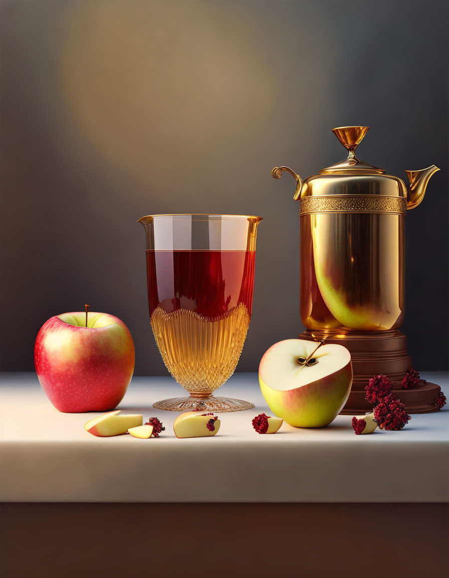 Still Life Image: Red and Green Apples, Glass of Red Liquid, Coffee Pot, Berries