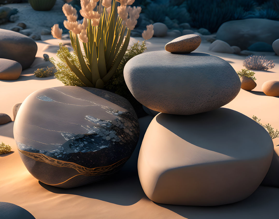 Stacked Smooth Stones in Tranquil Desert Landscape at Twilight