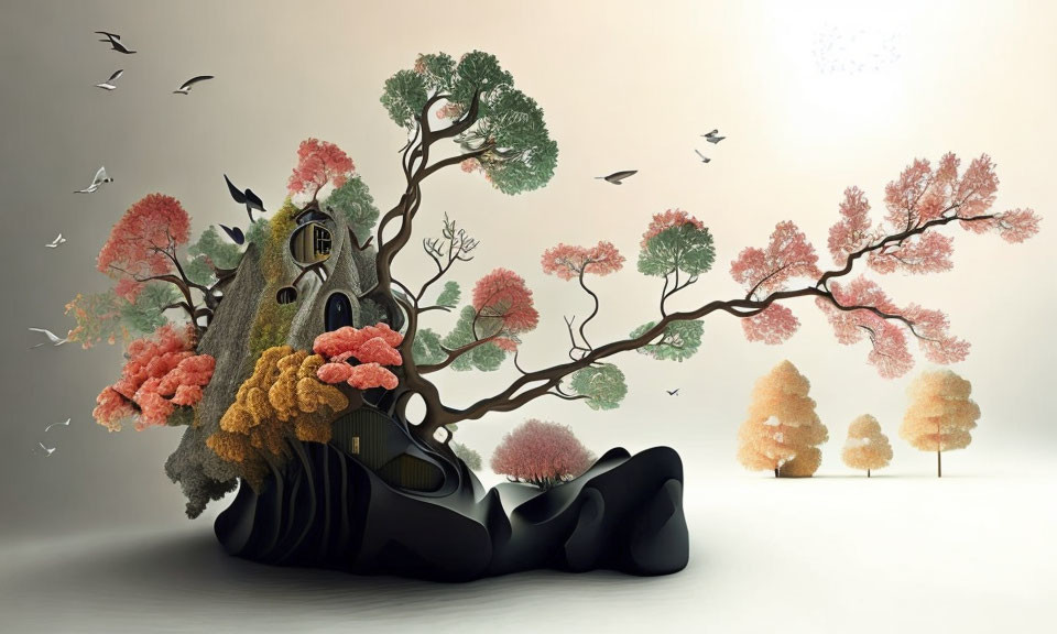 Surreal tree with face and house, blooming flowers, birds in pastel backdrop