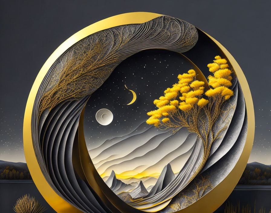 Circular Frame Landscape Art with Wavy Layers, Tree, Moon, and Stars