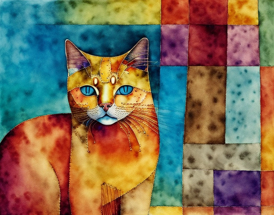 Colorful Patchwork-Style Cat Painting with Vibrant Mosaic Background