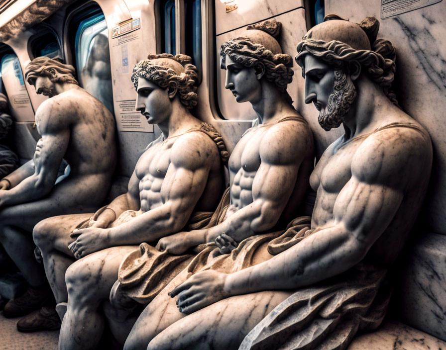 Three classical statues with muscular physiques in dramatic lighting