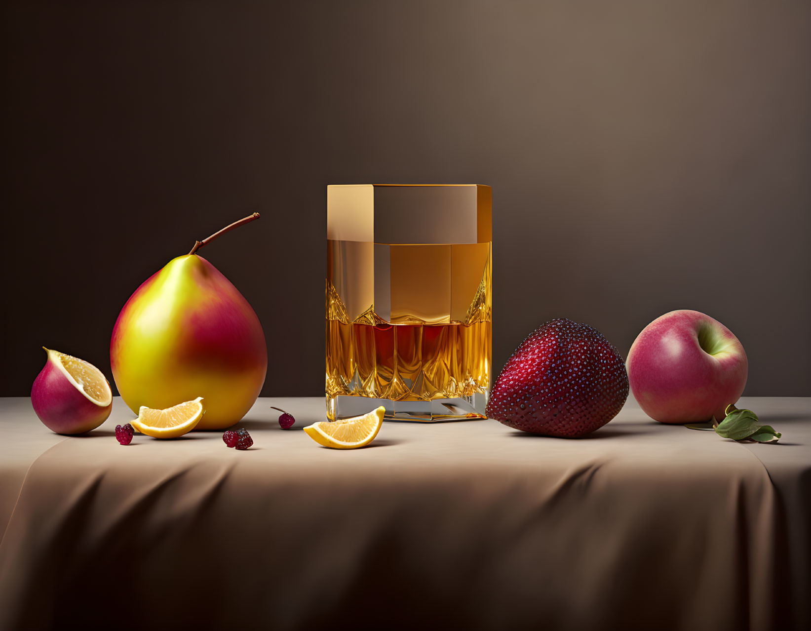 Glass of Whiskey, Pear, Fig, Berries, Orange, Strawberry & Apple Still Life