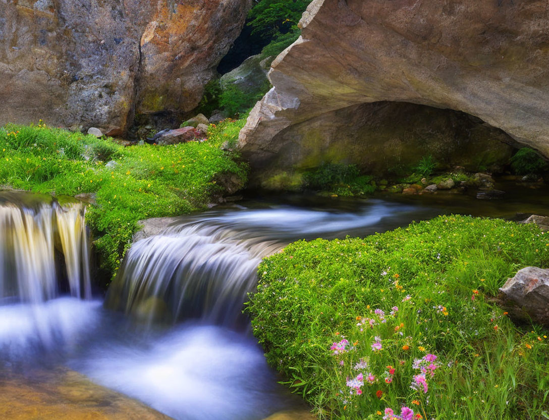 Tranquil stream with small waterfall in lush meadow