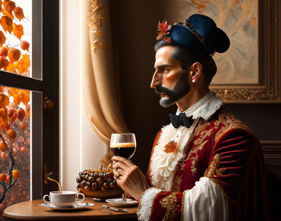 Stylized portrait of man sipping wine by autumn window