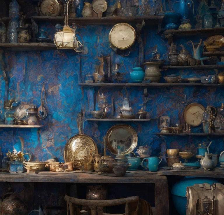 Vintage items on shelves in dimly lit room with blue patterned walls