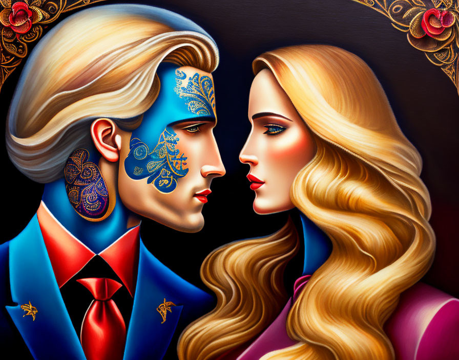 Colorful Man and Woman with Ornate Face Paint in Profile