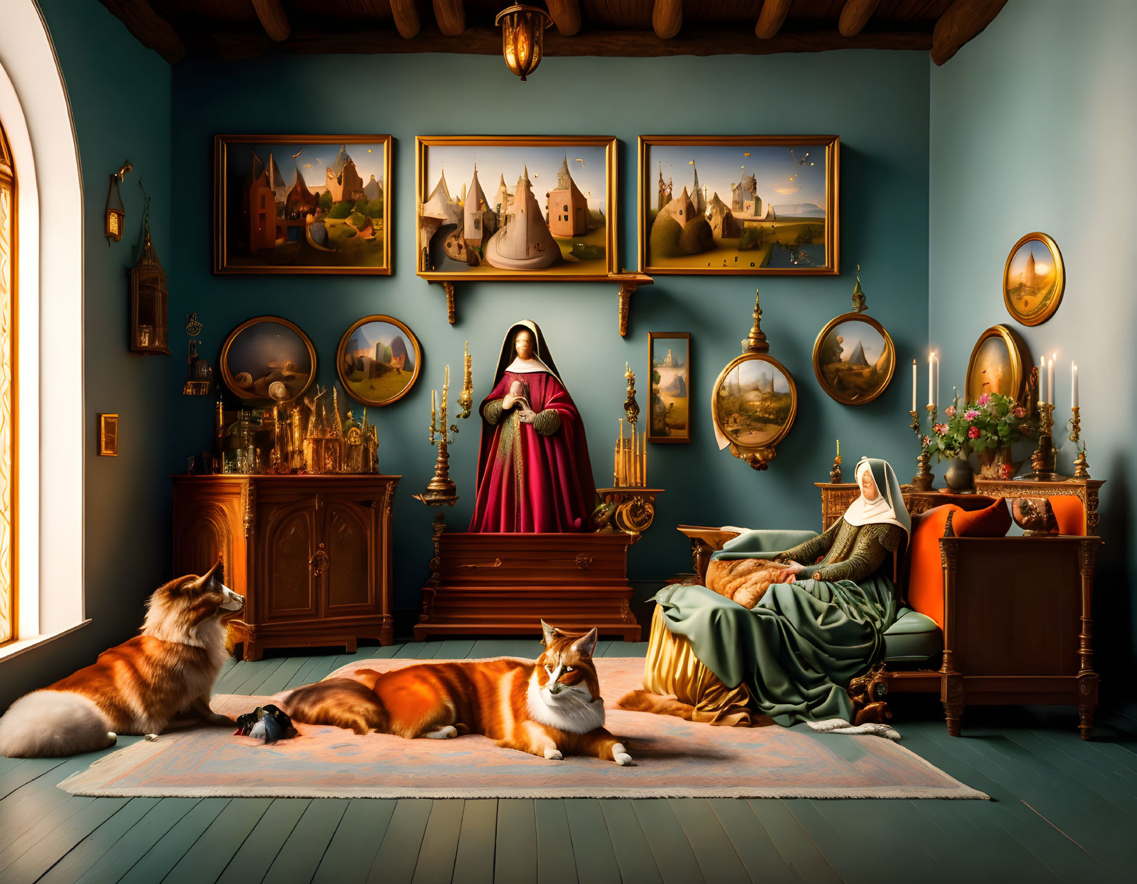 Teal-walled room with baroque decor, historic dressed women, pets, castle paintings, wooden