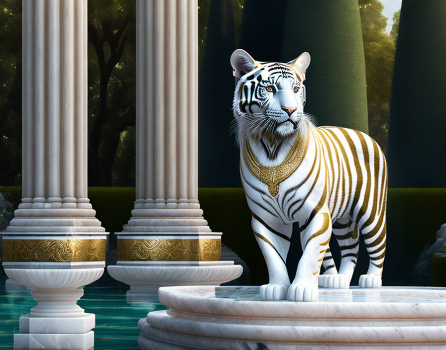 White Tiger on Marble Platform with Gold Necklace and Columns