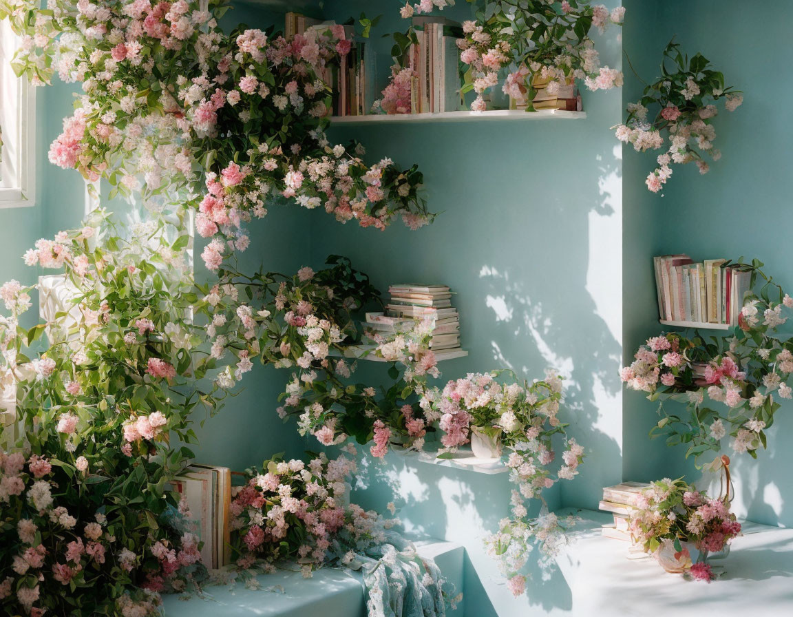 Pastel Blue Room with Pink Flower Bouquets and Book-Filled Shelves