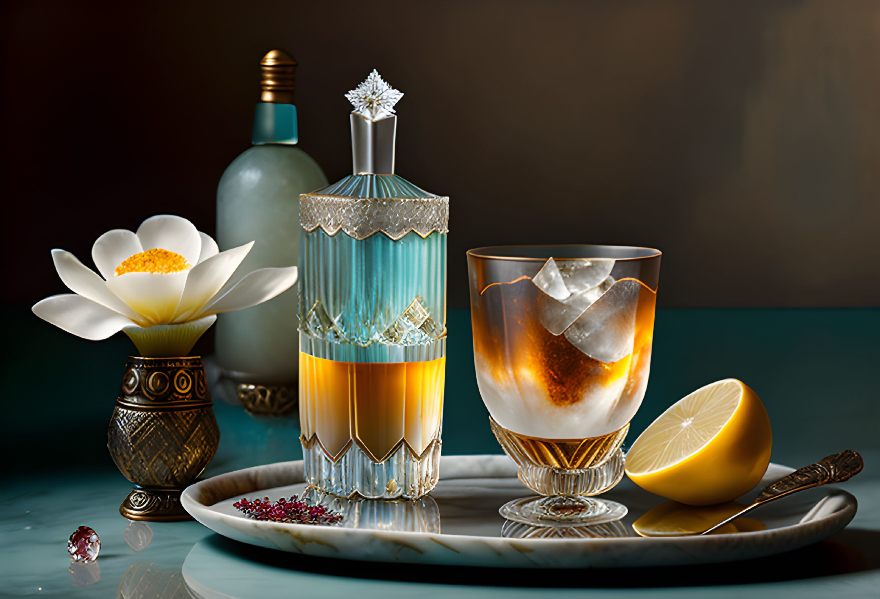 Luxurious Glass Decanter, Crystal Glass, Lemon, and Decor on Reflective Surface