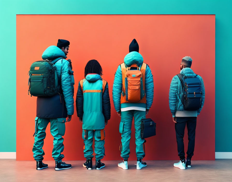 Four people in cool weather attire with backpacks against orange backdrop