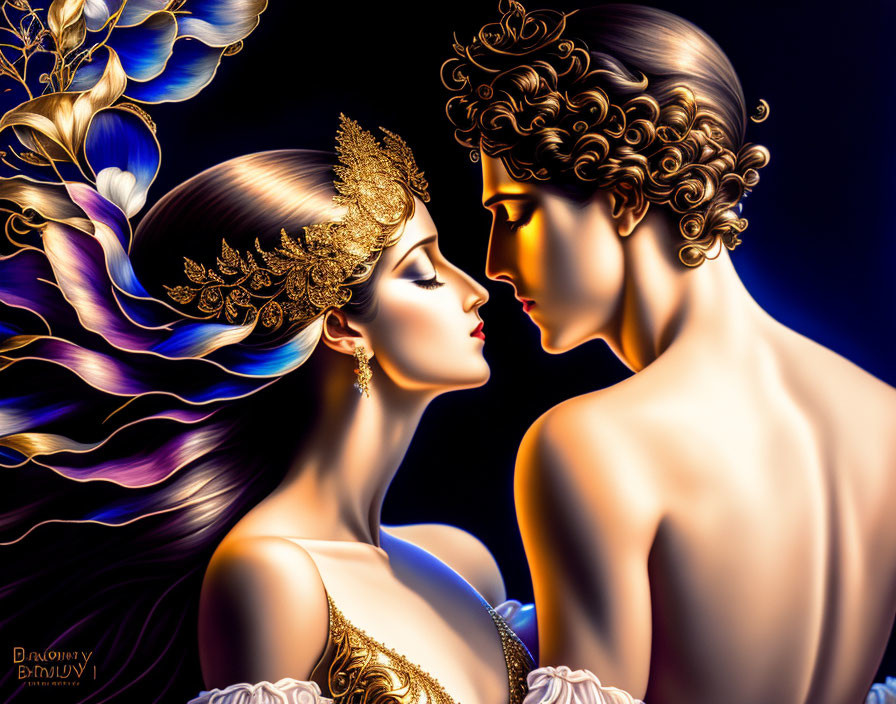 Romantic stylized illustration of man and woman with elaborate hairstyles