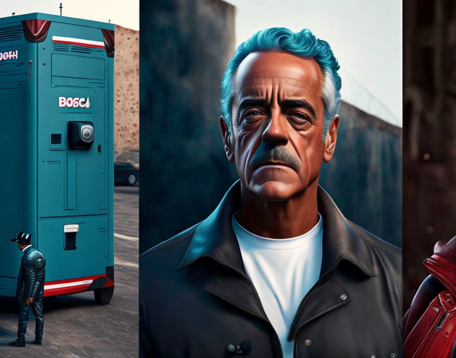 Elderly Man with Grey Hair and Retro Bus Scene