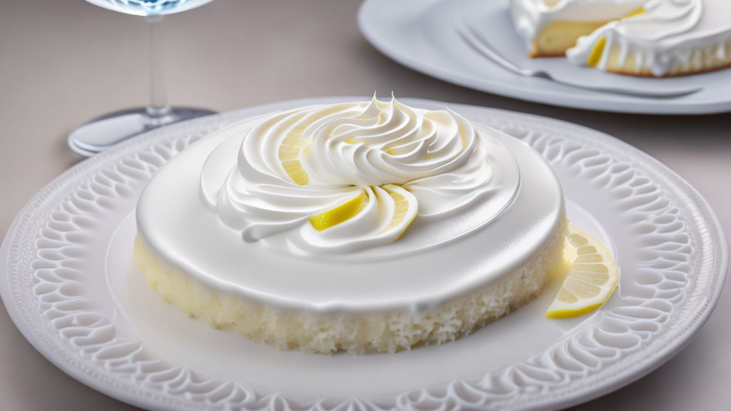 Lemon cheesecake with whipped cream on white plate, water glass & slice in background