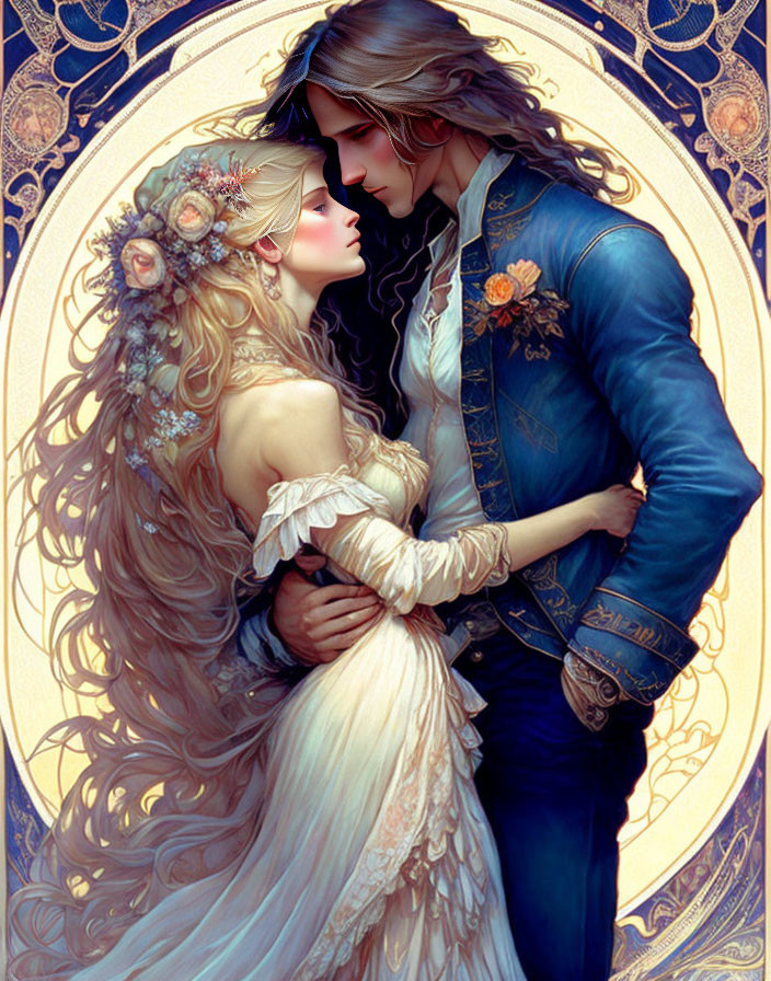 Illustrated romantic couple embrace with flowing hair and flower crown in ornate setting.