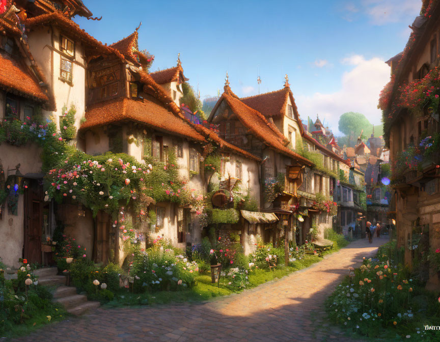 Picturesque village street with vibrant flower-adorned houses under sunlit sky