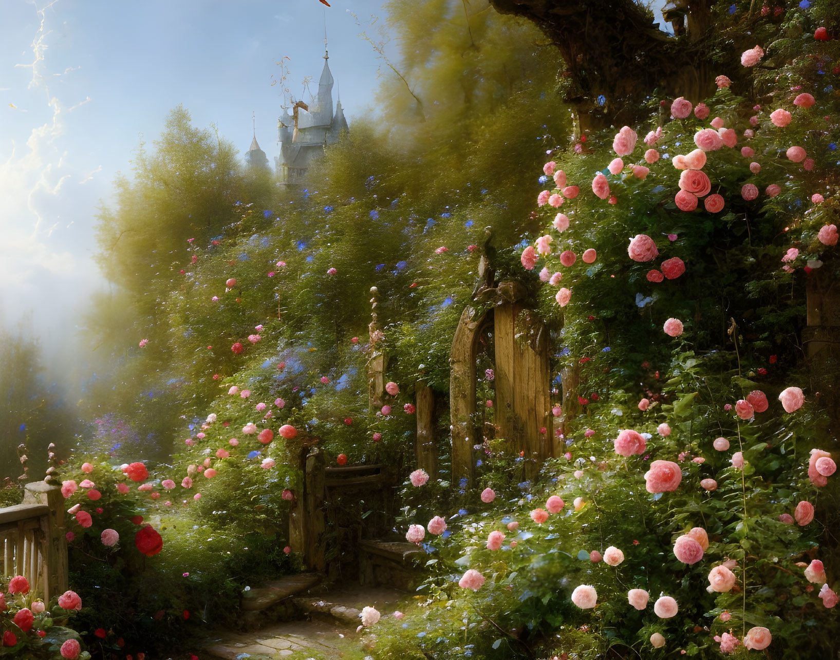 Tranquil garden scene with pink roses, green foliage, and distant castle.