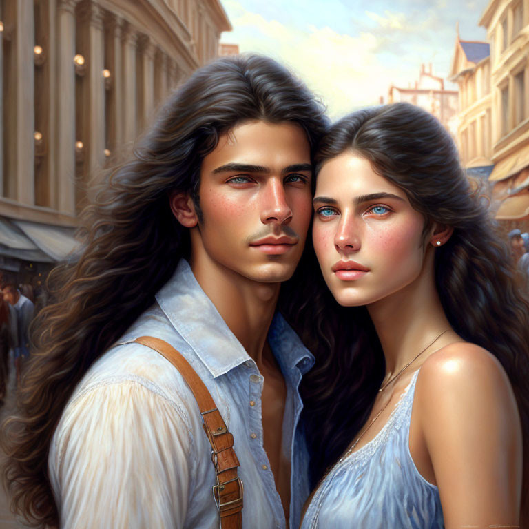 Young couple with blue eyes in historical clothing on busy street