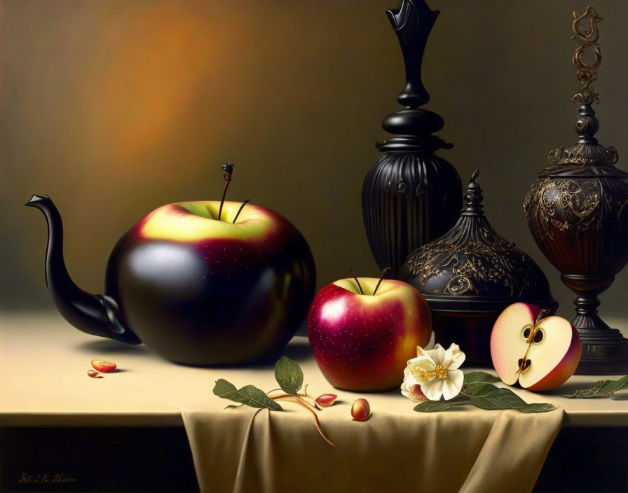 Realistic still-life painting with teapot apple, apples, and metal vases