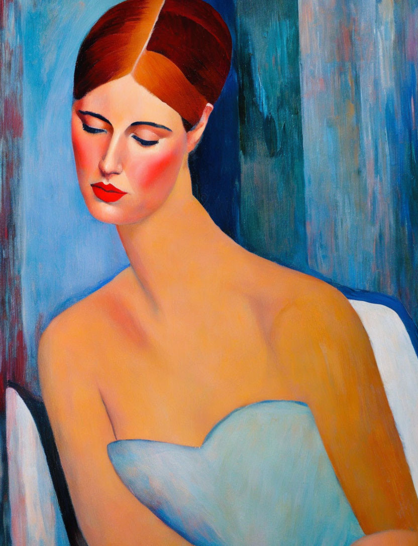 Portrait of Woman with Red Hair in Pale Blue Garment