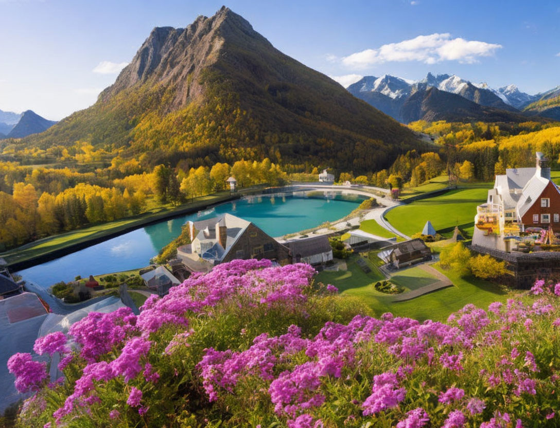 Vibrant valley with mountain backdrop, blue lake, autumn trees, pink flowers, and quaint buildings