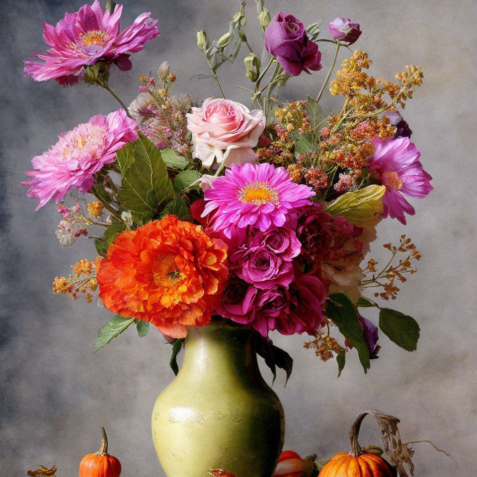 Colorful flower bouquet in green vase with pumpkins on muted background